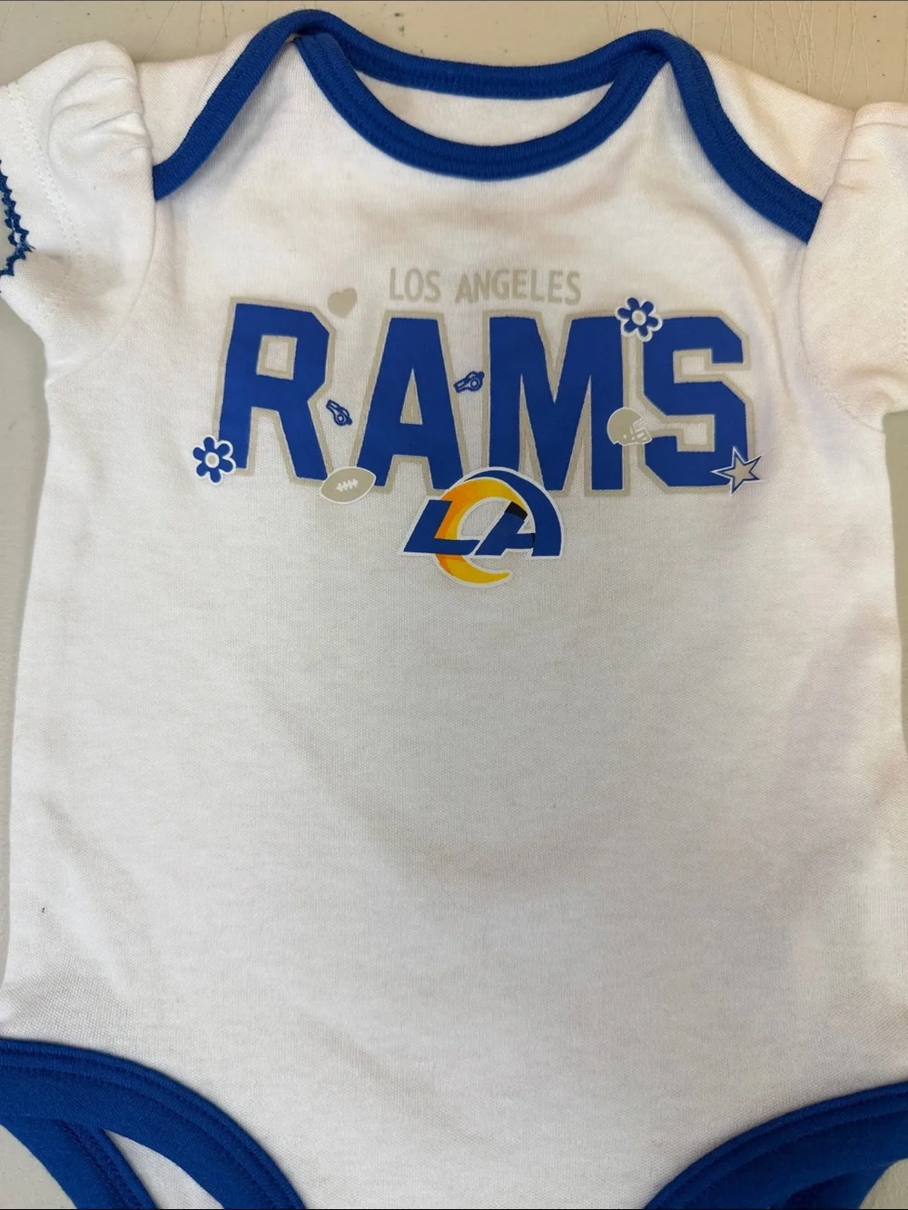 Los Angeles Rams size 3-6 months White & Royal Blue Baby One-Piece Bodysuit